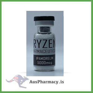 Educational image of Ryzen Pharmaceuticals Ipamorelin packaging and vial, designed for teaching peptide structure, hormone release mechanisms, and biomedical research processes.