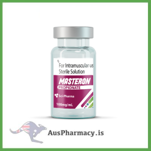 Educational image displaying Sci-Pharma Masteron Propionate 100 mg vials beside a molecular diagram of drostanolone, illustrating its use in teaching steroid pharmacology and hormone receptor mechanisms.
