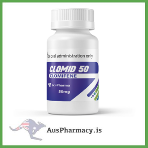 Educational image showing a Clomid 50 mg package beside a molecular diagram of clomiphene citrate, used for teaching selective estrogen receptor modulation and reproductive pharmacology.