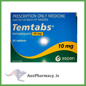 Educational photograph of Temazepam 25 tablets with molecular structure diagram, illustrating the compound’s use as a model for benzodiazepine receptor interaction and pharmacology teaching.