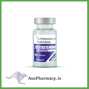 Educational image featuring Sci-Pharma Testosterone Propionate vial and a conceptual molecular diagram showing its esterified structure, used for academic hormone-related learning.